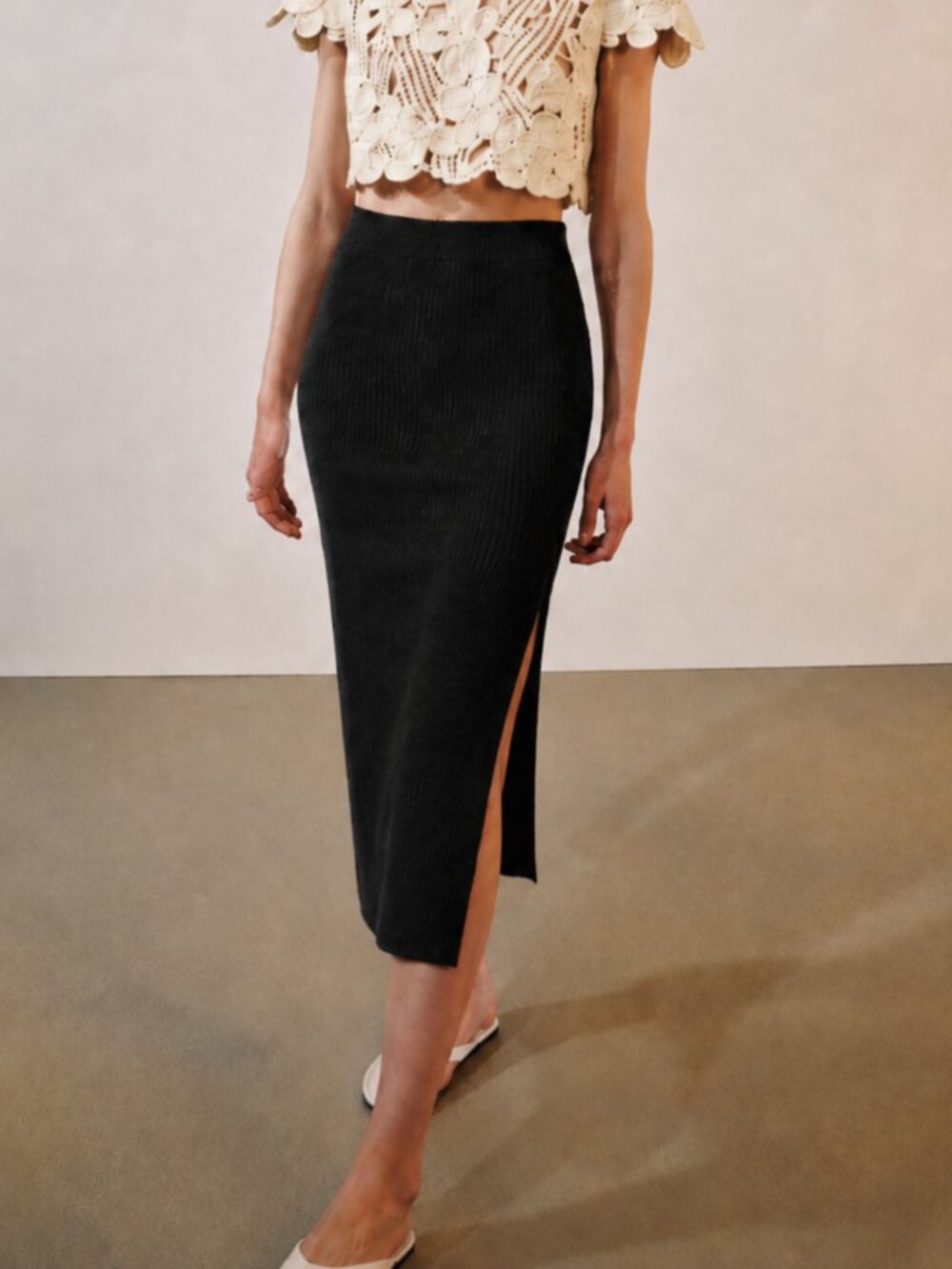 Black Ribbed Knit Midi Skirt Side Slit Femme Fatale Size S